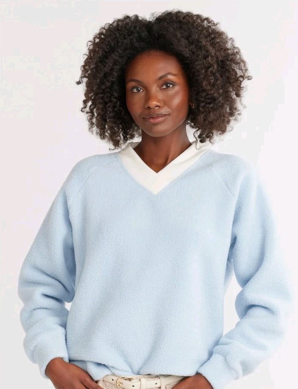 Dudley Stephens Stanwich Sweatshirt Womens Small Blue V Neck Pile Fleece